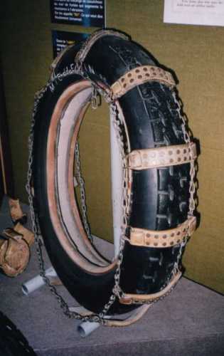 Early attempt at snow chains, using leather straps and metal rivets